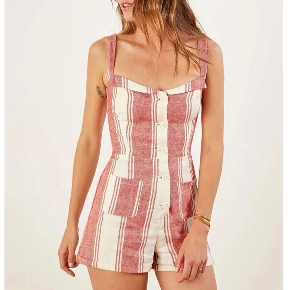 Reformation Pants - NWOT REFORMATION Coconut Romper 100% Linen Cuba Stripe Red/White (Size 0)